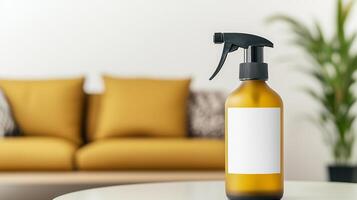 A sleek yellow spray bottle blanked label in the living room photo