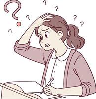 A woman is writing on a piece of paper with a question mark , vector