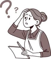 A woman is writing on a piece of paper with a question mark above her head , vector