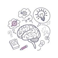 Brain with ideas and icons, including a light bulb and a pencil vector