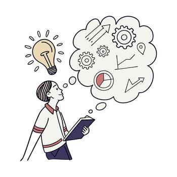 un hombre es pensando acerca de un idea y un ligero bulbo es encima su cabeza vector