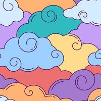 Clouds, colourful sky seamless pattern, background. Fantasy illustration in a comic, cartoon style. vector