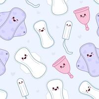 Menstruation items, supplies, woman hygeine kawaii illustrations seamless pattern, background. Cute simple pads, tampon and cup drawings. vector