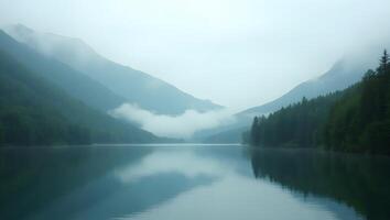 Misty Mountain Lake with Calm Reflections and Dense Forest Scenery photo