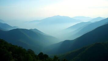 Peaceful Misty Mountain Range with Rolling Hills and Lush Greenery in Soft Morning Light photo