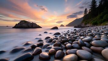Serene Coastal Pebble Beach at Sunset with Smooth Stones and Ocean Waves photo