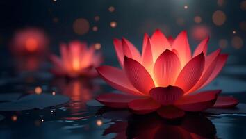 Mesmerizing Close-up of a Glowing Red Lotus Flower Floating on Water at Night photo