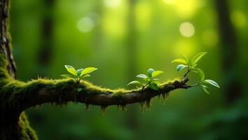 Serene Green Forest Scene with Mossy Branch and Fresh Leaves - Nature Background photo