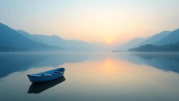 Serene Lake at Dawn with Misty Mountains and a Lone Boat Reflection photo