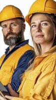 Focused Construction Workers in Yellow Hard Hats photo