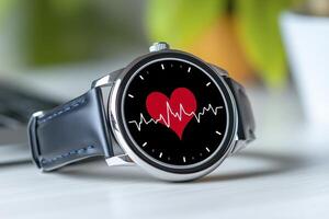 Silver Wristwatch with Red Heart and Heartbeat Graphic photo