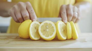 Slicing Fresh Yellow Lemons on Wooden Board photo