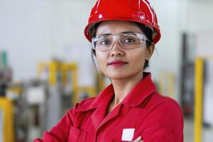 Confident Female Engineer in Red Jumpsuit and Hard Hat photo