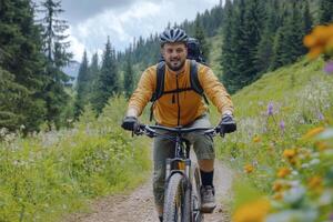 Smiling Cyclist Rides Mountain Bike on Wildflower Trail photo