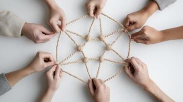 Eight Hands Intertwined Around Beige Rope Knot on White photo