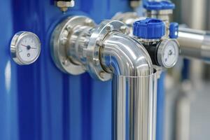 Chrome Pipes and Gauges on Blue Metallic Background photo