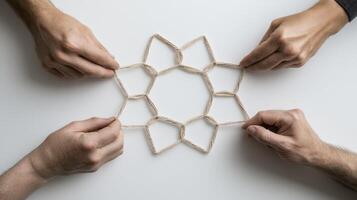 Four Hands Holding Interwoven Geometric Design photo