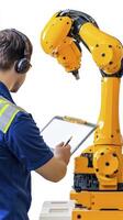 Technician Inspecting Robotic Arm in Industrial Setting photo