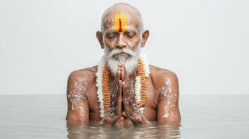 Elderly Man in Prayerful Pose Submerged in Water photo