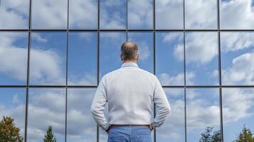 Man Contemplating Blue Sky Reflected in Office Window photo
