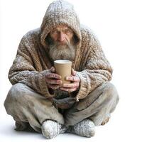 Elderly Man in Snowy Winter, Holding a Cup photo