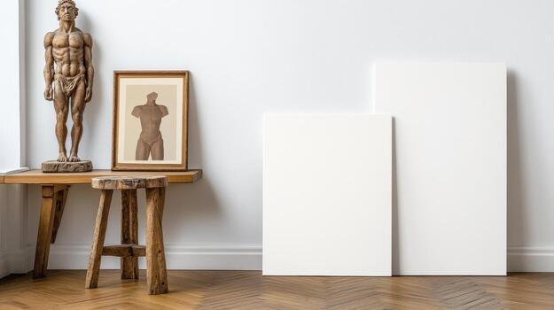 Rustic Wooden Stool with Sculpture and Blank Canvases photo