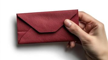 Hand Holding a Small Dark Red Textured Envelope photo