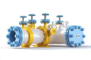 Industrial Pipeline System with Blue and Yellow Valves photo
