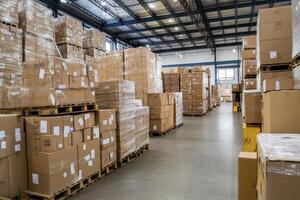 Large Warehouse Filled with Stacked Cardboard Boxes photo
