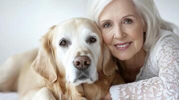 Smiling Senior Woman and Her Labrador Retriever photo