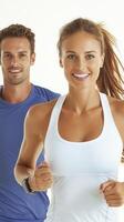Smiling Couple Jogging Outdoors, Woman in White Tank Top and Man in Blue Shirt photo