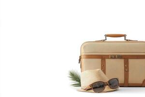 Tan Leather Suitcase with Straw Hat and Sunglasses photo