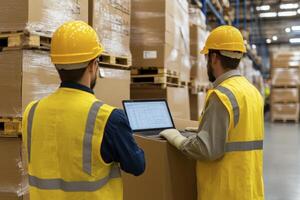 Warehouse Workers Reviewing Inventory on Laptop photo