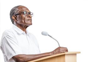 Elderly Black Man Delivering Speech at Podium photo