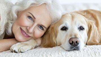 Smiling Senior Woman and Golden Retriever Resting Together photo