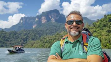Smiling Man on a Lake Surrounded by Lush Green Mountains photo
