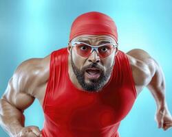 Muscular Athlete in Red Running, Intense Close Up photo