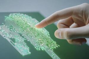 Finger Interacting with Glowing Green Circuit Board on Digital Screen photo