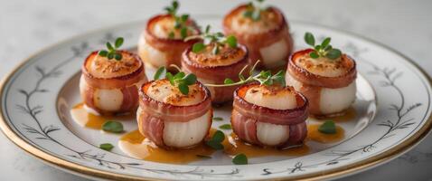 Crispy Bacon Wrapped Scallops Served as Savory Appetizer on Festive Plate with Decorations. photo