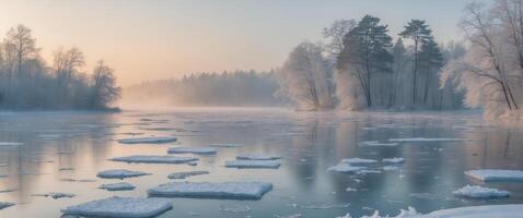 A frozen lake with ice and trees in the background photo