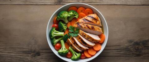 Grilled chicken breast with vegetables on wooden table photo