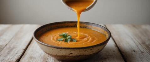 Aromatic Orange Soup in Rustic Bowl on Wooden Table. photo