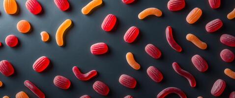 Assorted Red and Orange Gummy Candies Top View Colorful Jelly Sweets Mix on Dark Background. photo
