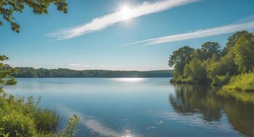 A lake surrounded by trees and grass photo