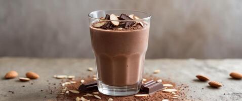 glass of chocolate smoothie with almond and chocolate pieces on textured surface garnished with cocoa powder and nuts creating a healthy beverage concept photo