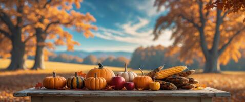 Autumn harvest table with pumpkins and corn in the background photo