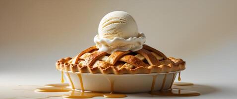 A warm apple pie with a lattice crust and a scoop of vanilla ice cream melting on top. photo