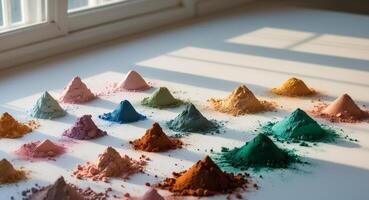 Colorful powder on a table in front of a window photo