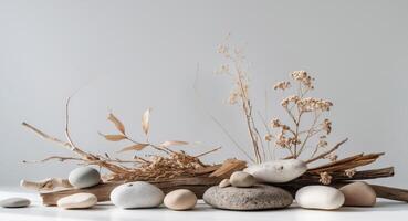 A vase with rocks and dried plants photo
