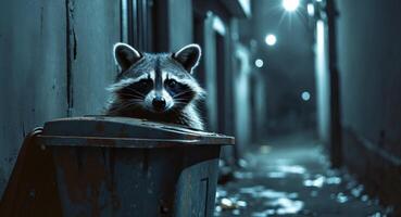 A raccoon is sitting in a trash can photo